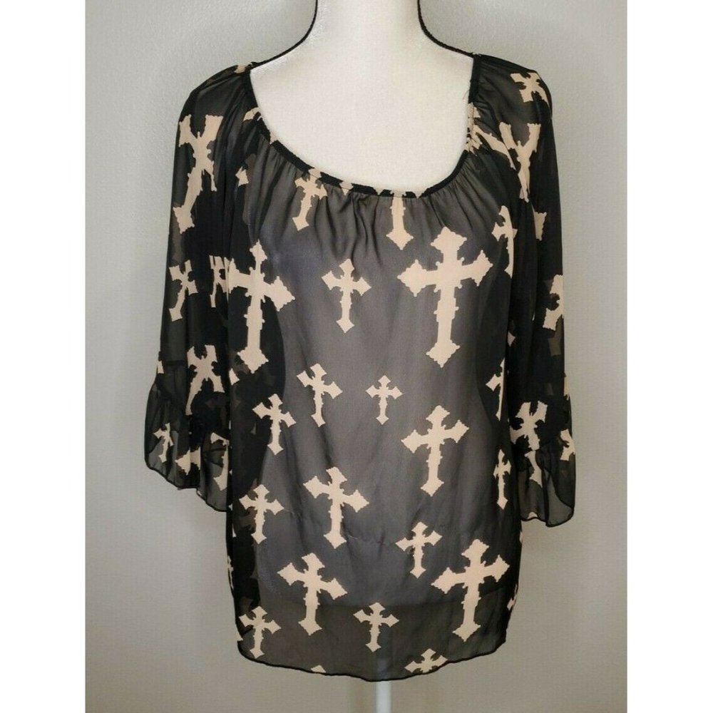 New Mode USA Size Medium Top Black Sheer Cross